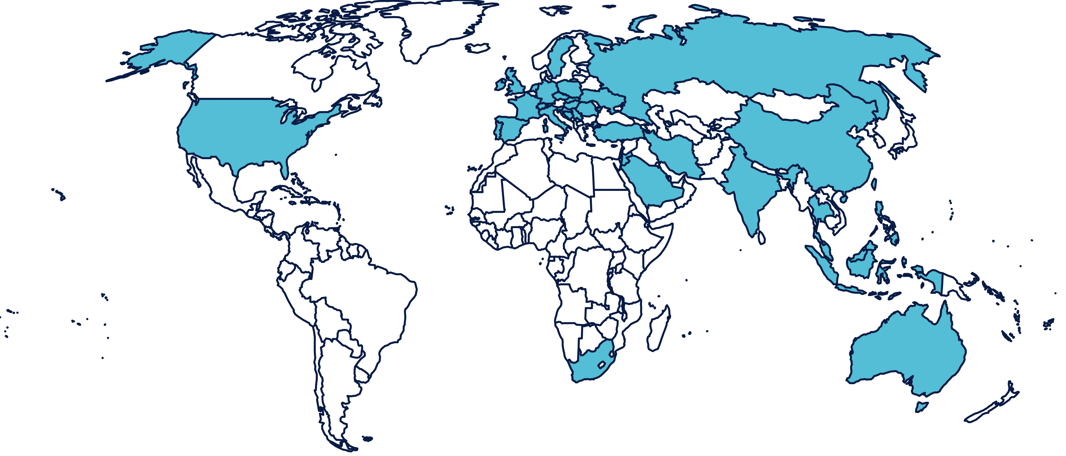 A world map with the United States highlighted in light blue, while all other countries are outlined in dark blue with no fill.