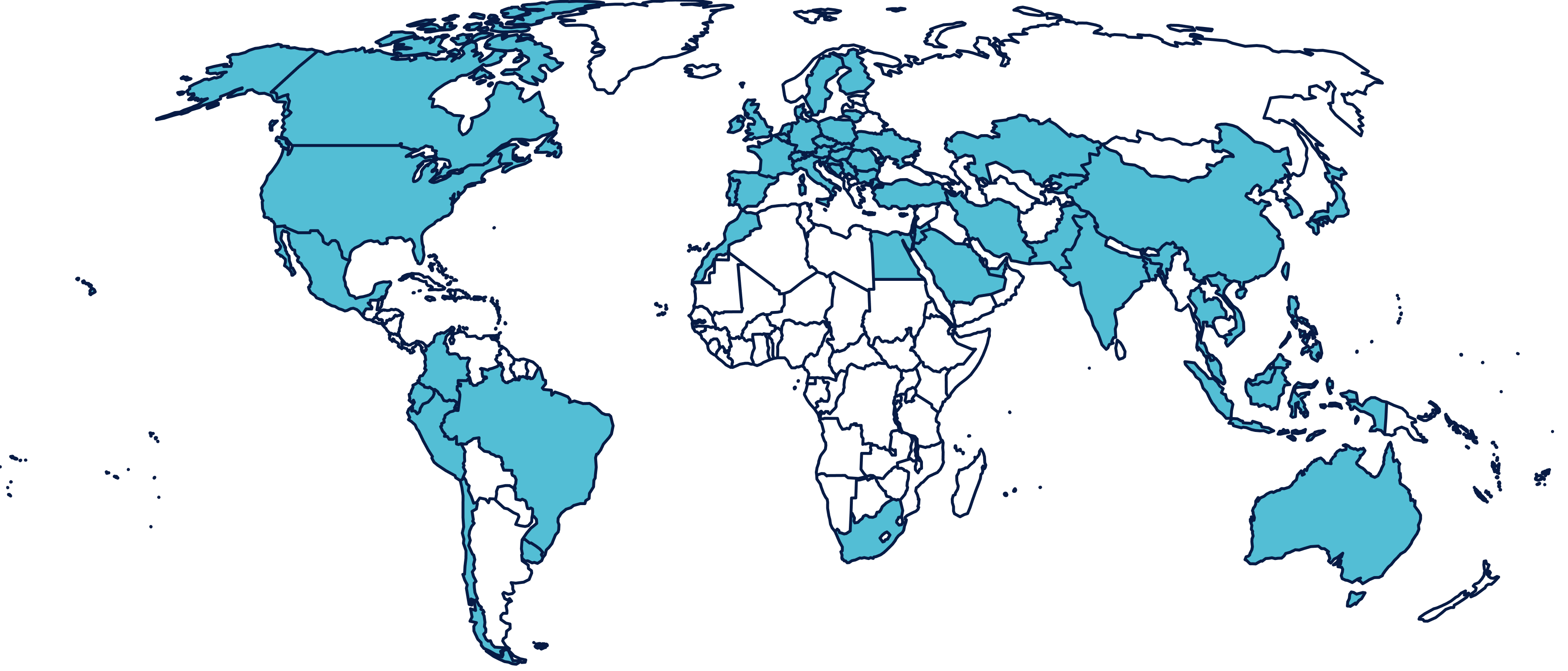 A world map with the United States highlighted in light blue, while all other countries are outlined in dark blue with no fill.
