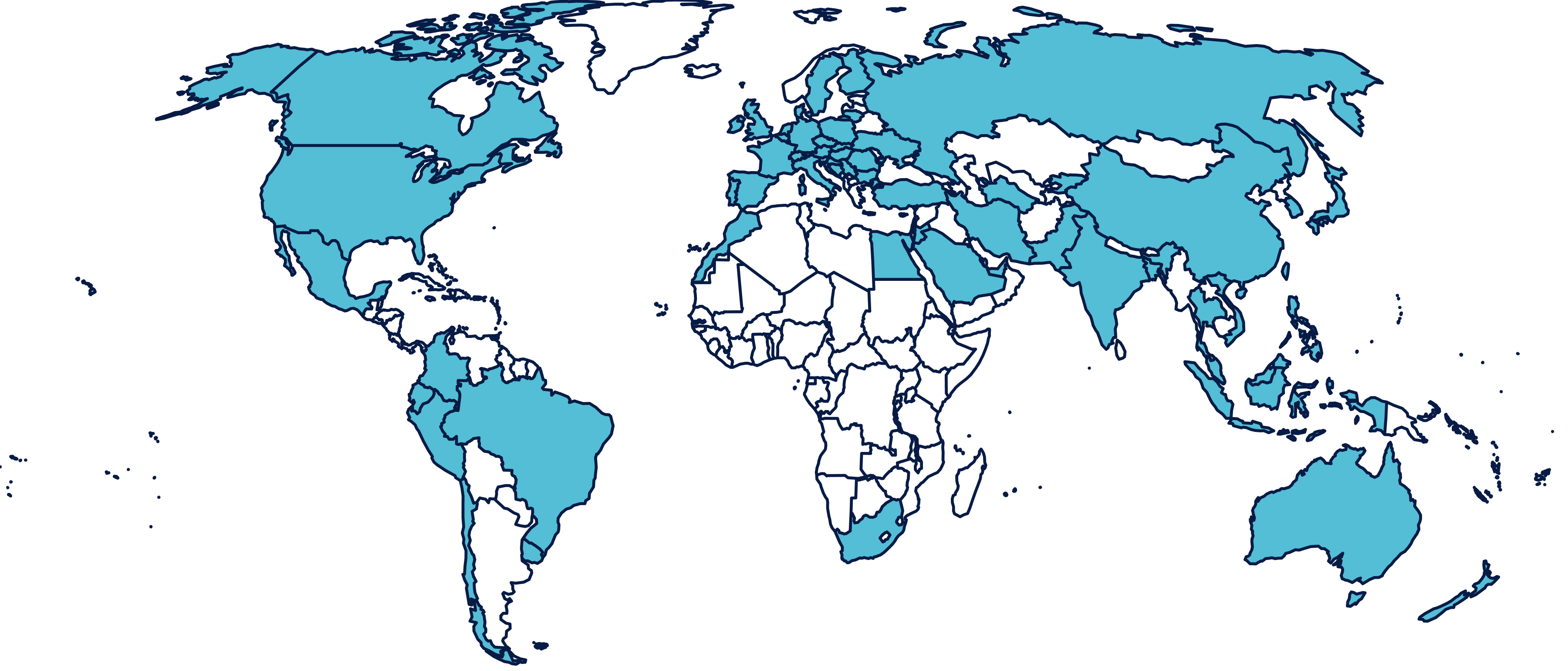 A world map with the United States highlighted in light blue, while all other countries are outlined in dark blue with no fill.