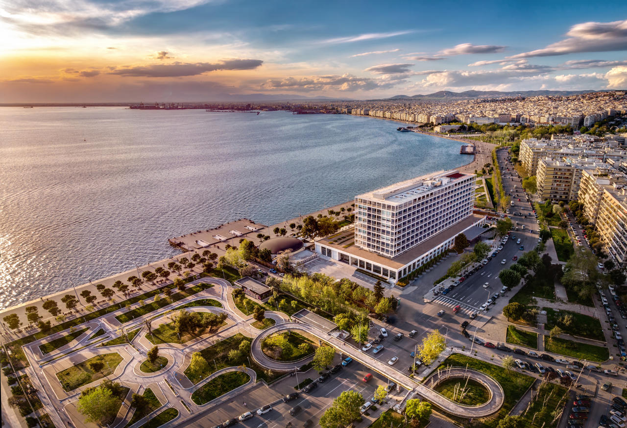 Aerial view of a waterfront hotel