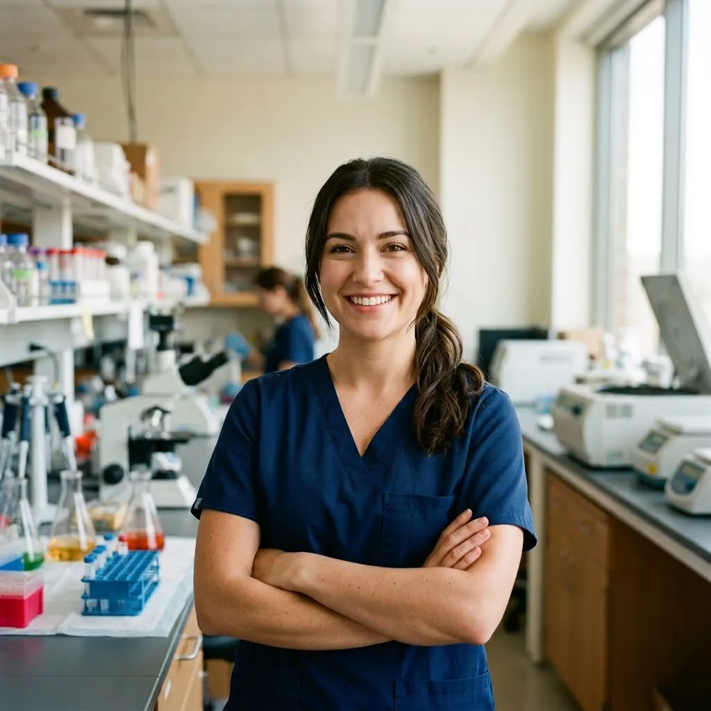 Scientist in a laboratory wearing scrubs